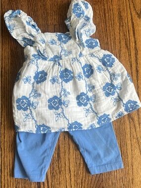 Blue Floral Gauze Tank Top & Leggings Set